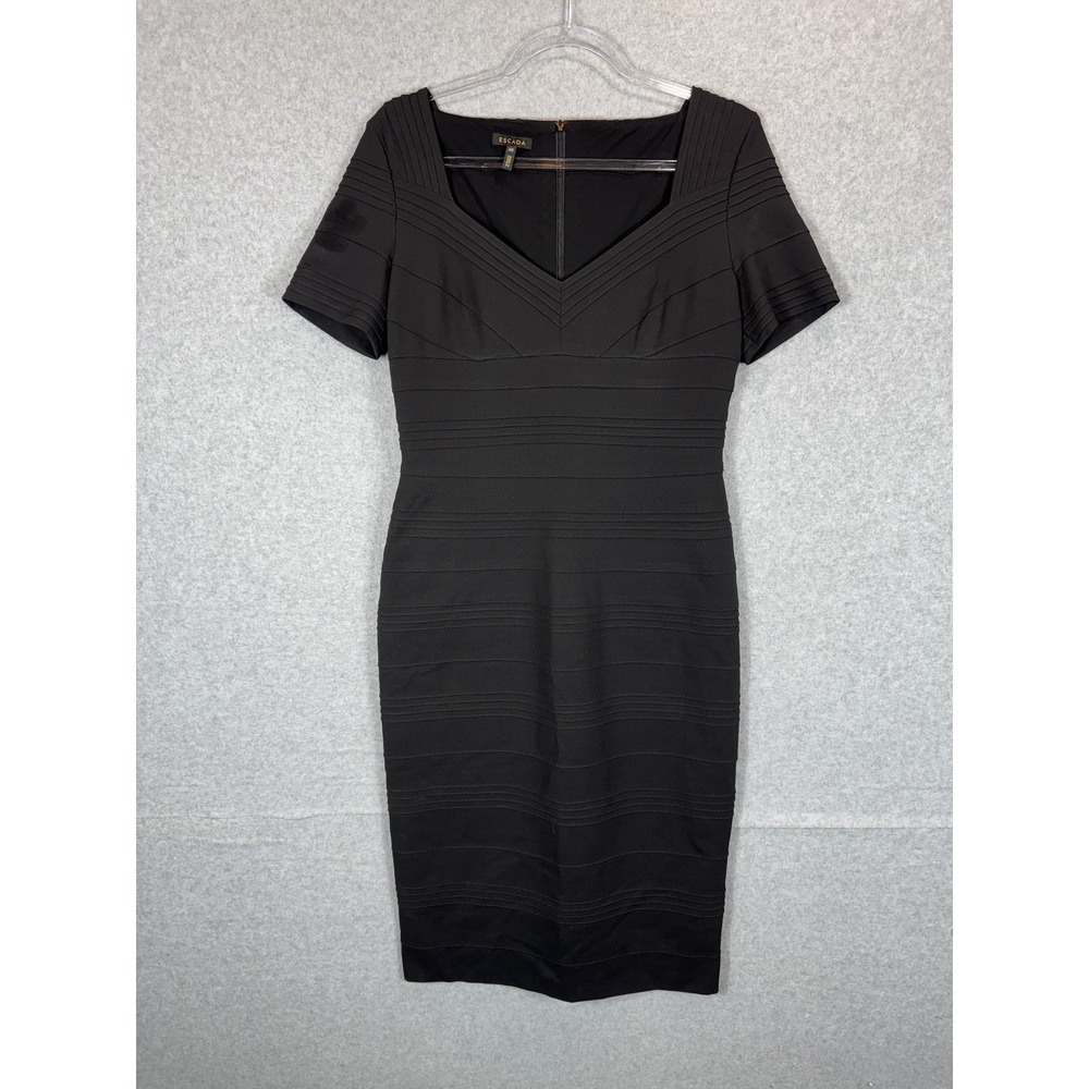 Escada Dress Womens 38 Black Short Sleeve Sheath Fitted Stretch Elegant V‎ Neck